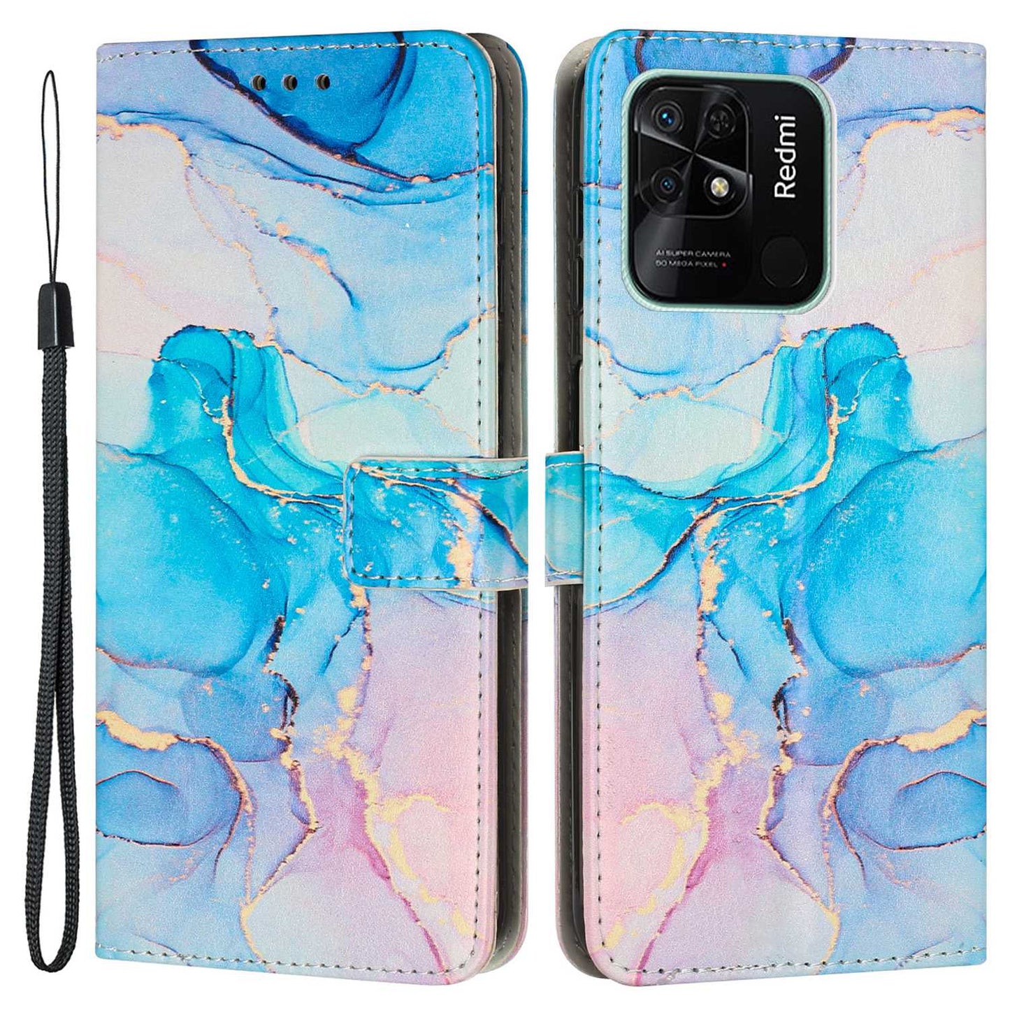 For Xiaomi Redmi 10C 4G / Redmi 10 (India) 4G PU Leather Magnetic Flip Case Marble Pattern Printing Stand Wallet Phone Cover with Strap