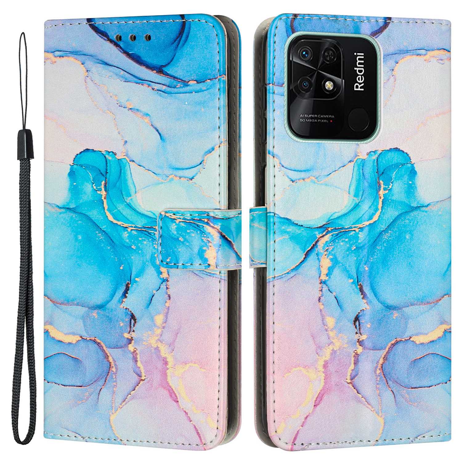 For Xiaomi Redmi 10C 4G / Redmi 10 (India) 4G PU Leather Magnetic Flip Case Marble Pattern Printing Stand Wallet Phone Cover with Strap