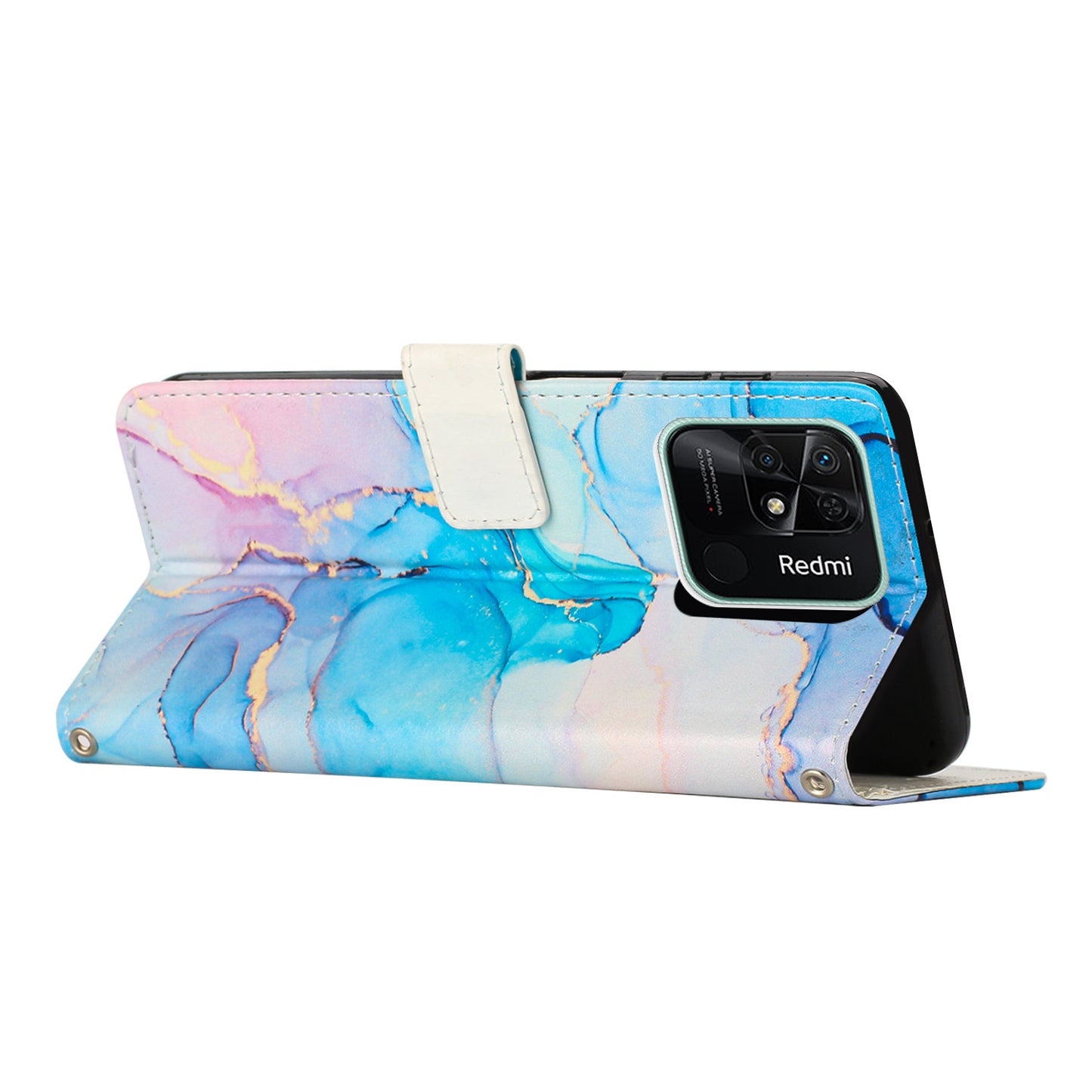 For Xiaomi Redmi 10C 4G / Redmi 10 (India) 4G PU Leather Magnetic Flip Case Marble Pattern Printing Stand Wallet Phone Cover with Strap