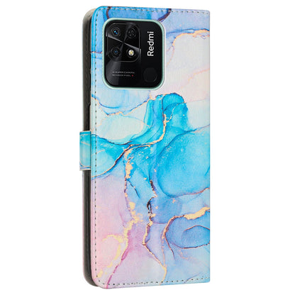 For Xiaomi Redmi 10C 4G / Redmi 10 (India) 4G PU Leather Magnetic Flip Case Marble Pattern Printing Stand Wallet Phone Cover with Strap