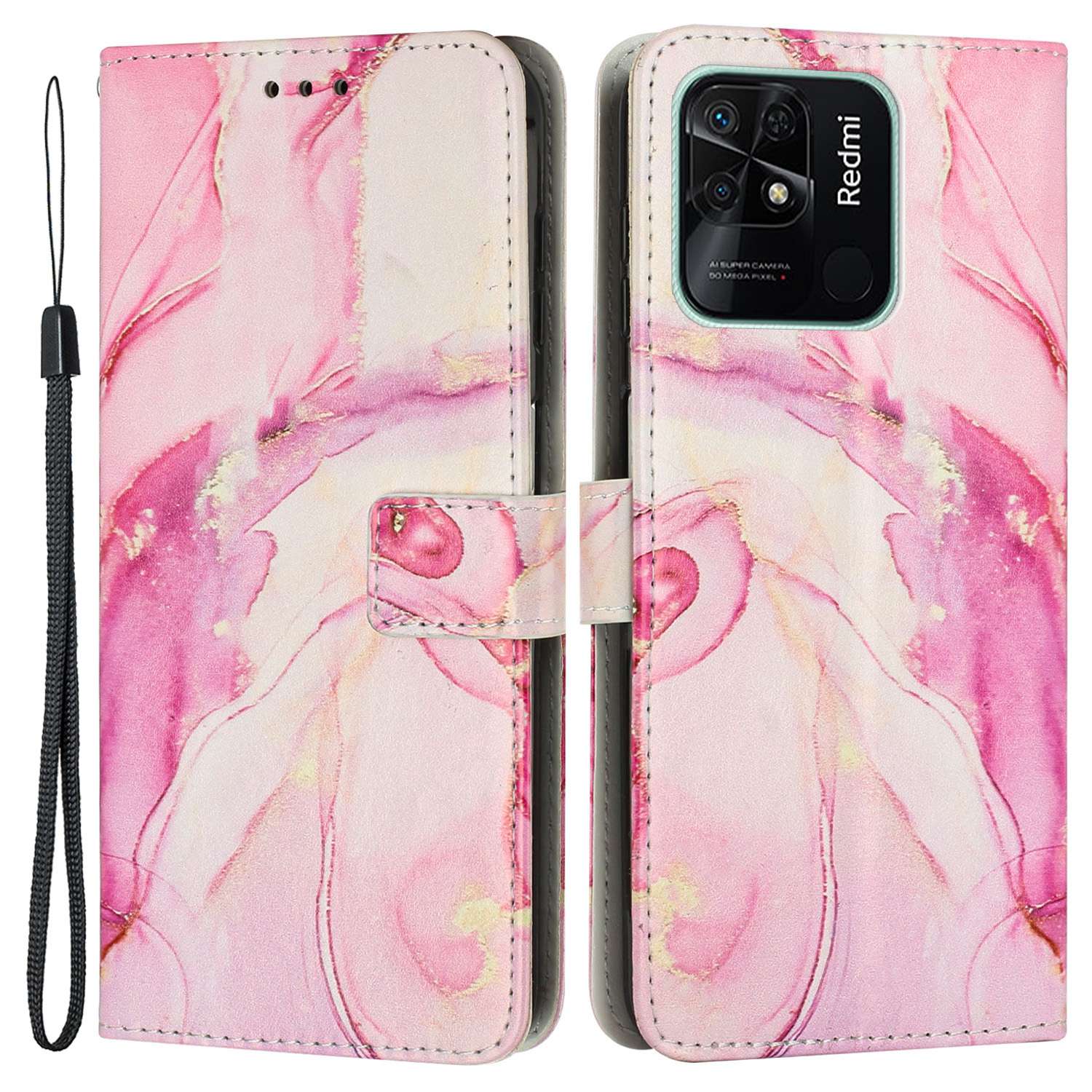 For Xiaomi Redmi 10C 4G / Redmi 10 (India) 4G PU Leather Magnetic Flip Case Marble Pattern Printing Stand Wallet Phone Cover with Strap