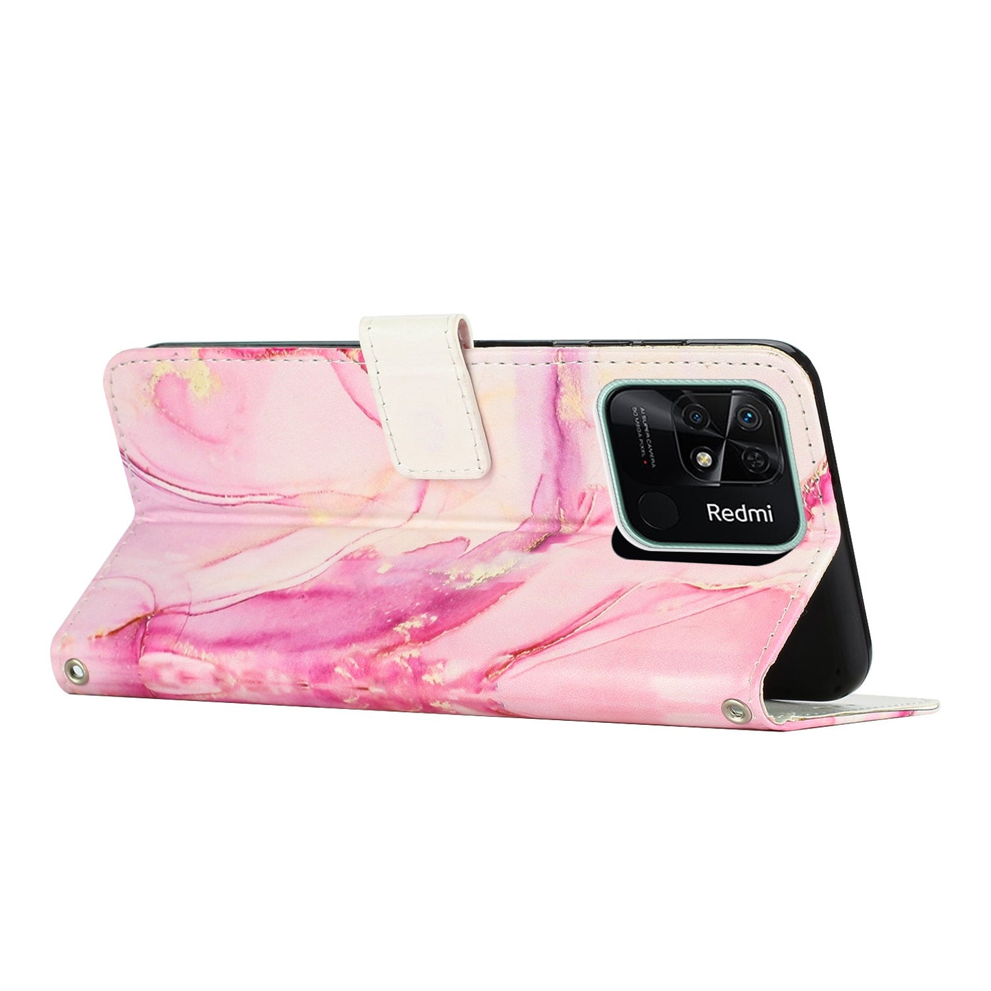 For Xiaomi Redmi 10C 4G / Redmi 10 (India) 4G PU Leather Magnetic Flip Case Marble Pattern Printing Stand Wallet Phone Cover with Strap