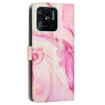 For Xiaomi Redmi 10C 4G / Redmi 10 (India) 4G PU Leather Magnetic Flip Case Marble Pattern Printing Stand Wallet Phone Cover with Strap