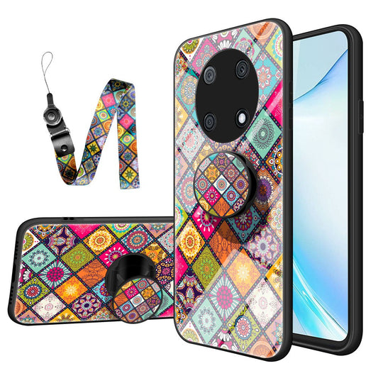 For Huawei Enjoy 50 Pro 4G / nova Y90 4G Flower Pattern Tempered Glass + PC + TPU Shockproof Phone Case with Kickstand and Lanyard