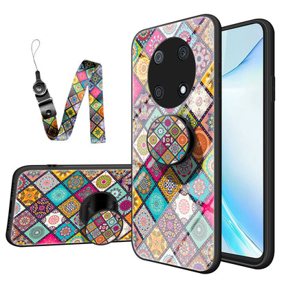 For Huawei Enjoy 50 Pro 4G / nova Y90 4G Flower Pattern Tempered Glass + PC + TPU Shockproof Phone Case with Kickstand and Lanyard