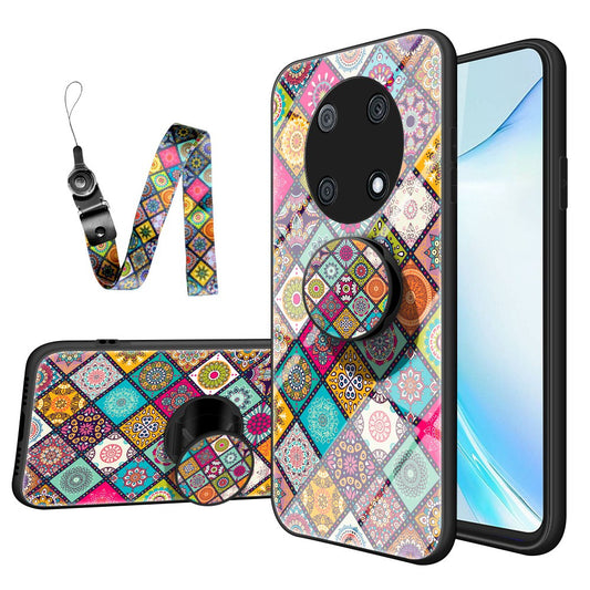 For Huawei Enjoy 50 Pro 4G / nova Y90 4G Flower Pattern Tempered Glass + PC + TPU Shockproof Phone Case with Kickstand and Lanyard