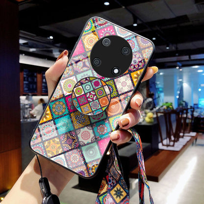 For Huawei Enjoy 50 Pro 4G / nova Y90 4G Flower Pattern Tempered Glass + PC + TPU Shockproof Phone Case with Kickstand and Lanyard