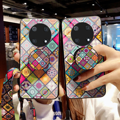 For Huawei Enjoy 50 Pro 4G / nova Y90 4G Flower Pattern Tempered Glass + PC + TPU Shockproof Phone Case with Kickstand and Lanyard