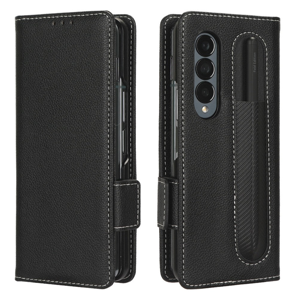 For Samsung Galaxy Z Fold3 5G Litchi Texture PU Leather Wallet Case Stand Function Dual Magnetic Clasp Flip Cover with Pen Holder
