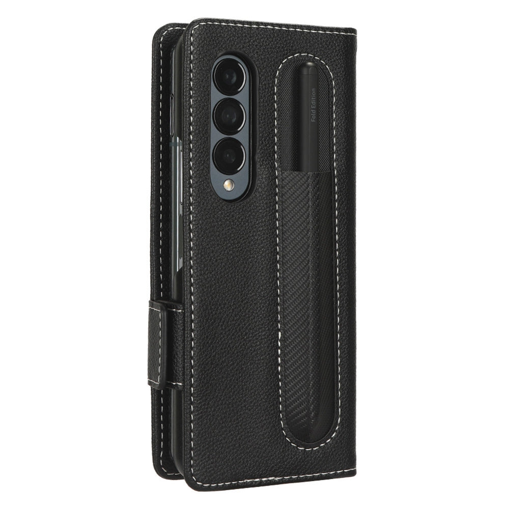 For Samsung Galaxy Z Fold3 5G Litchi Texture PU Leather Wallet Case Stand Function Dual Magnetic Clasp Flip Cover with Pen Holder