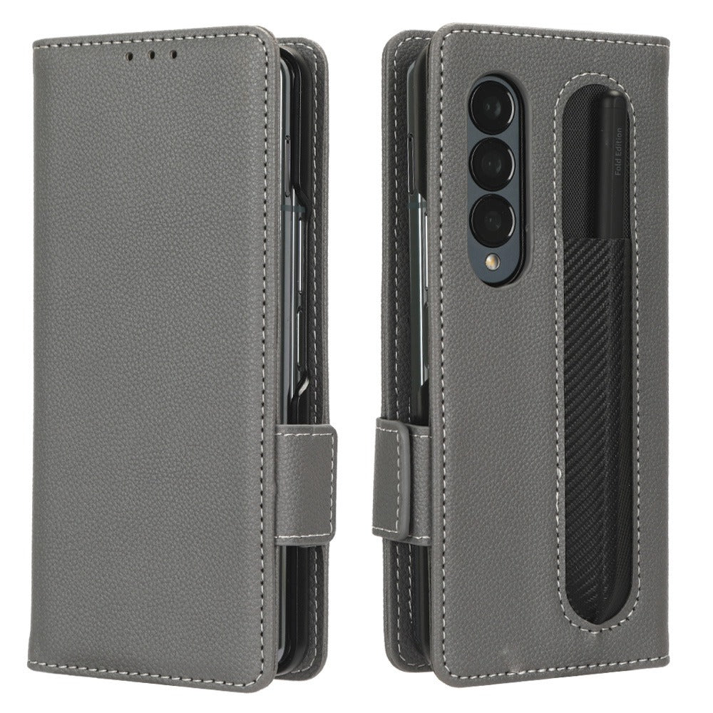 For Samsung Galaxy Z Fold3 5G Litchi Texture PU Leather Wallet Case Stand Function Dual Magnetic Clasp Flip Cover with Pen Holder