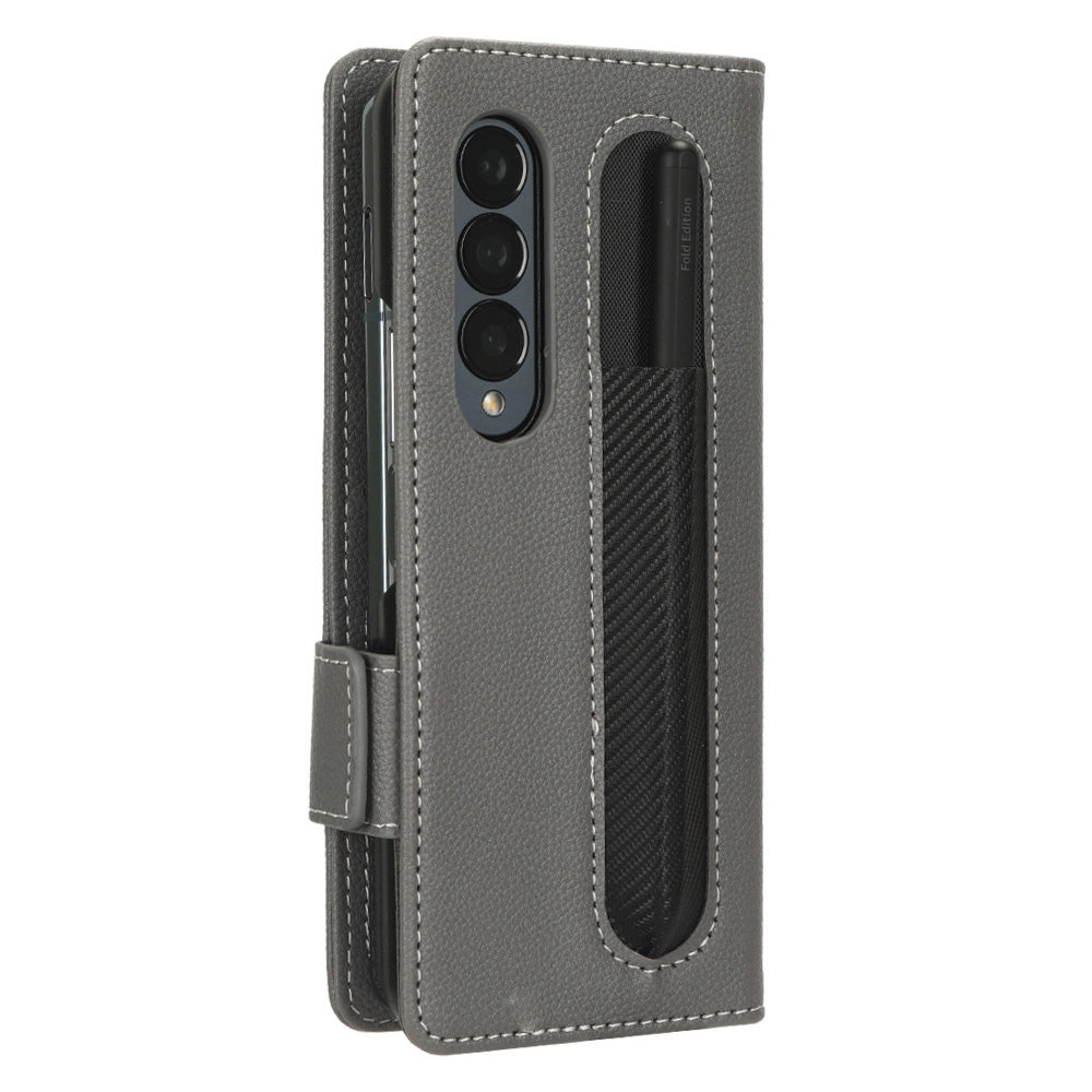 For Samsung Galaxy Z Fold3 5G Litchi Texture PU Leather Wallet Case Stand Function Dual Magnetic Clasp Flip Cover with Pen Holder