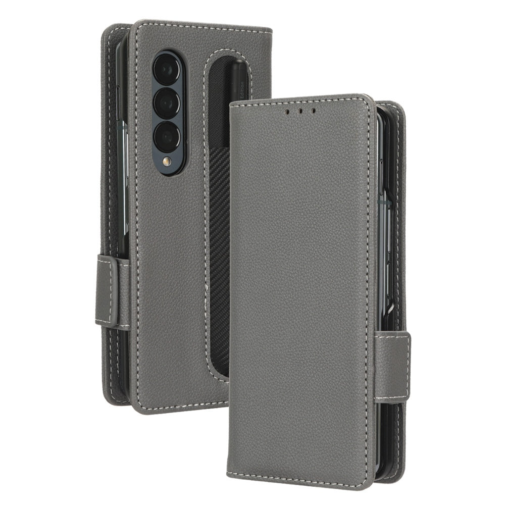For Samsung Galaxy Z Fold3 5G Litchi Texture PU Leather Wallet Case Stand Function Dual Magnetic Clasp Flip Cover with Pen Holder