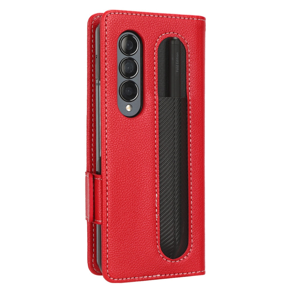 For Samsung Galaxy Z Fold3 5G Litchi Texture PU Leather Wallet Case Stand Function Dual Magnetic Clasp Flip Cover with Pen Holder