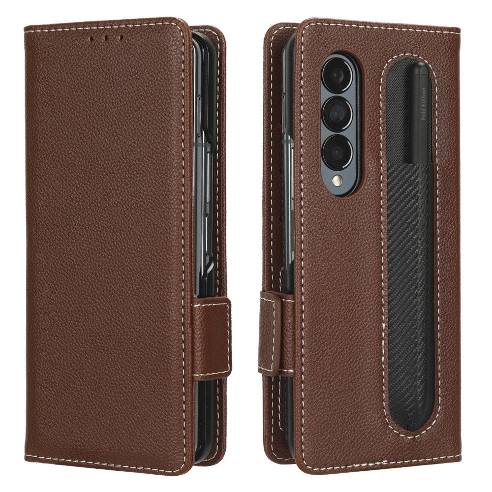 For Samsung Galaxy Z Fold3 5G Litchi Texture PU Leather Wallet Case Stand Function Dual Magnetic Clasp Flip Cover with Pen Holder