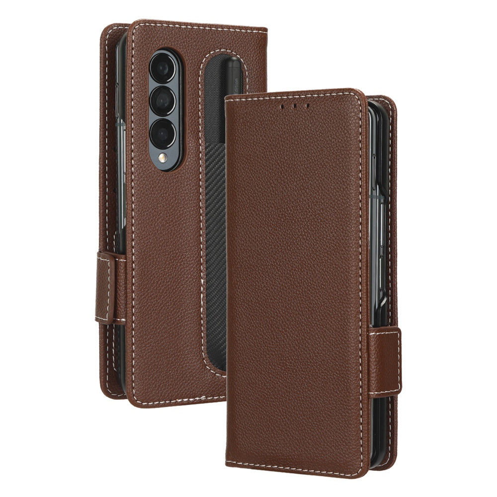 For Samsung Galaxy Z Fold3 5G Litchi Texture PU Leather Wallet Case Stand Function Dual Magnetic Clasp Flip Cover with Pen Holder