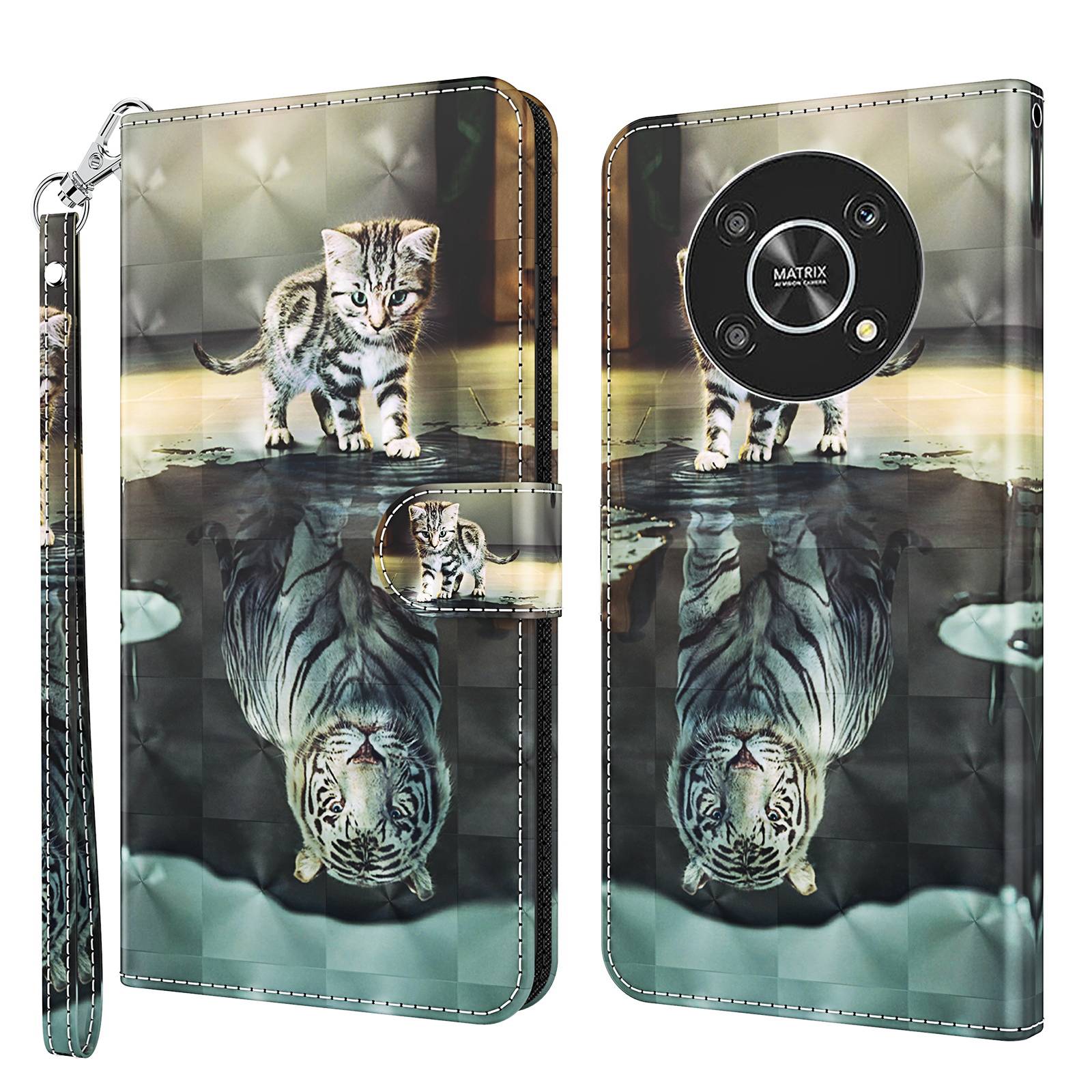 For Honor Magic4 Lite 4G / 5G PU Leather Flip Wallet Cover 3D Pattern Printing Stand Feature Magnetic Protective Phone Case with Strap