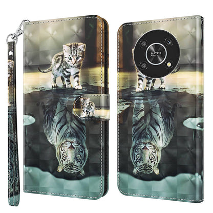 For Honor Magic4 Lite 4G / 5G PU Leather Flip Wallet Cover 3D Pattern Printing Stand Feature Magnetic Protective Phone Case with Strap