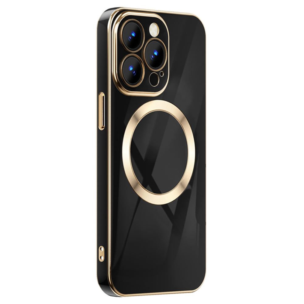 For iPhone 13 Pro 6.1 inch TPU Phone Case Electroplating Gold Edge Anti-fall Mobile Phone Cover Support Wireless Magnetic Charging