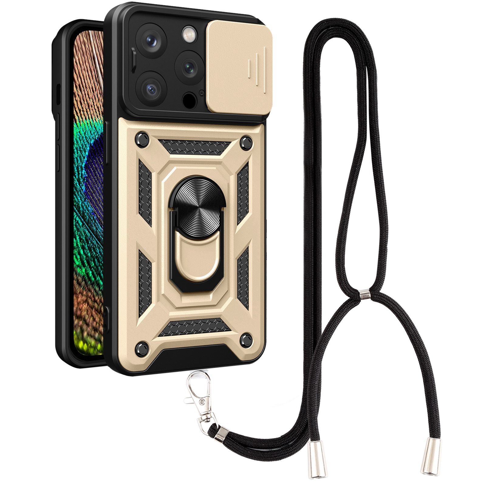 Phone Case Kickstand For iPhone 13 Pro 6.1 inch, Built-in Magnetic Metal Sheet Hybrid Phone Shell Ring Holder with Slide Camera Cover and Lanyard