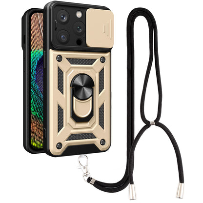 Phone Case Kickstand For iPhone 13 Pro 6.1 inch, Built-in Magnetic Metal Sheet Hybrid Phone Shell Ring Holder with Slide Camera Cover and Lanyard