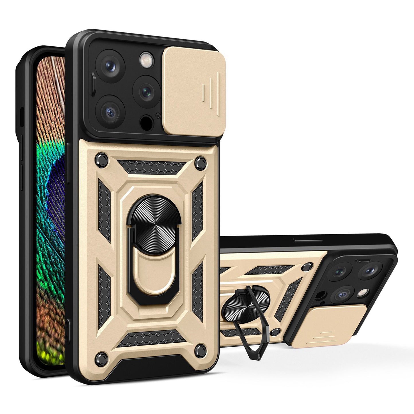 Phone Case Kickstand For iPhone 13 Pro 6.1 inch, Built-in Magnetic Metal Sheet Hybrid Phone Shell Ring Holder with Slide Camera Cover and Lanyard
