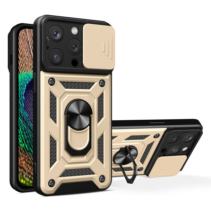 Phone Case Kickstand For iPhone 13 Pro 6.1 inch, Built-in Magnetic Metal Sheet Hybrid Phone Shell Ring Holder with Slide Camera Cover and Lanyard
