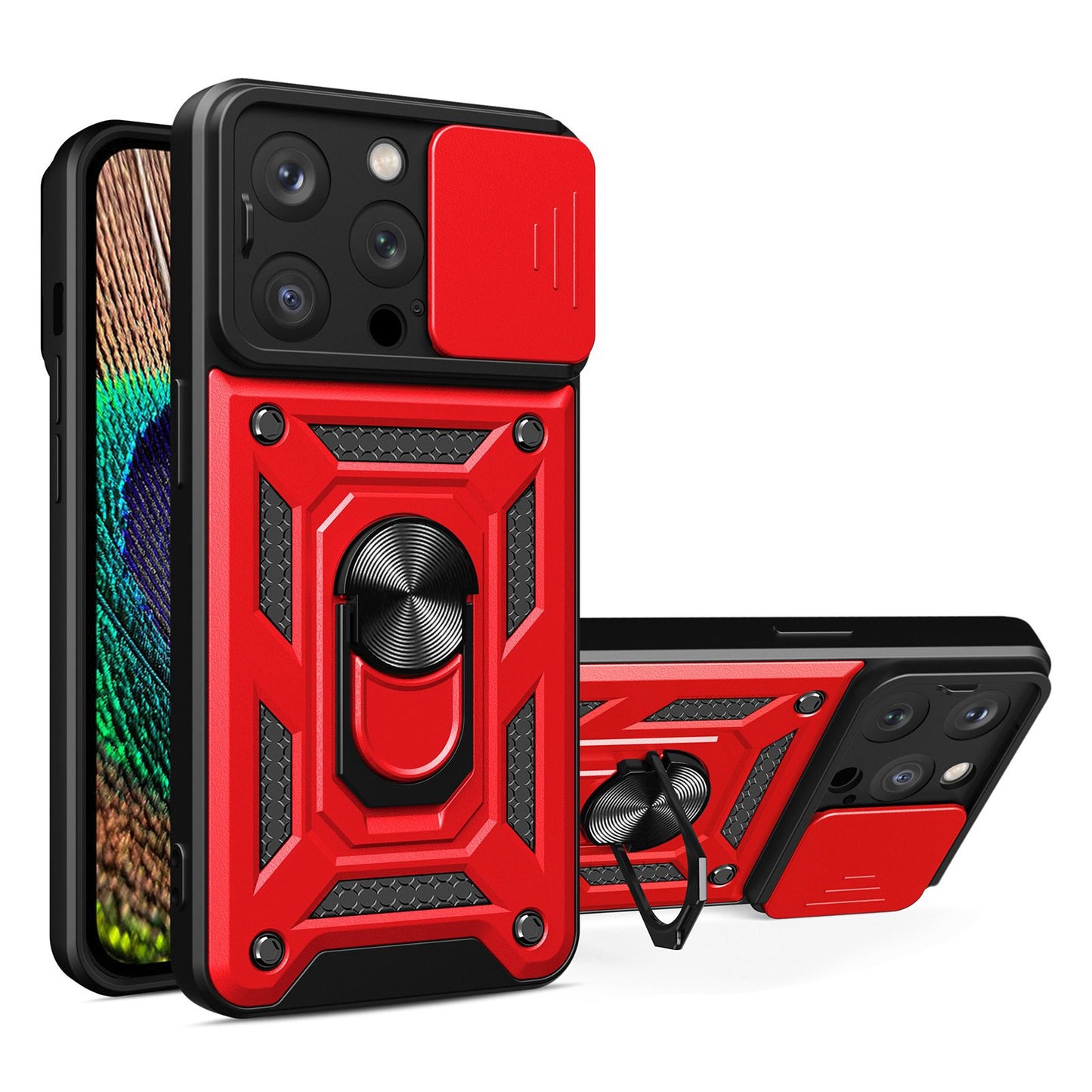 Phone Case Kickstand For iPhone 13 Pro 6.1 inch, Built-in Magnetic Metal Sheet Hybrid Phone Shell Ring Holder with Slide Camera Cover and Lanyard