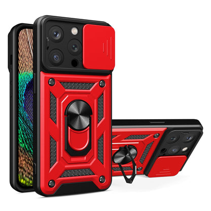Phone Case Kickstand For iPhone 13 Pro 6.1 inch, Built-in Magnetic Metal Sheet Hybrid Phone Shell Ring Holder with Slide Camera Cover and Lanyard