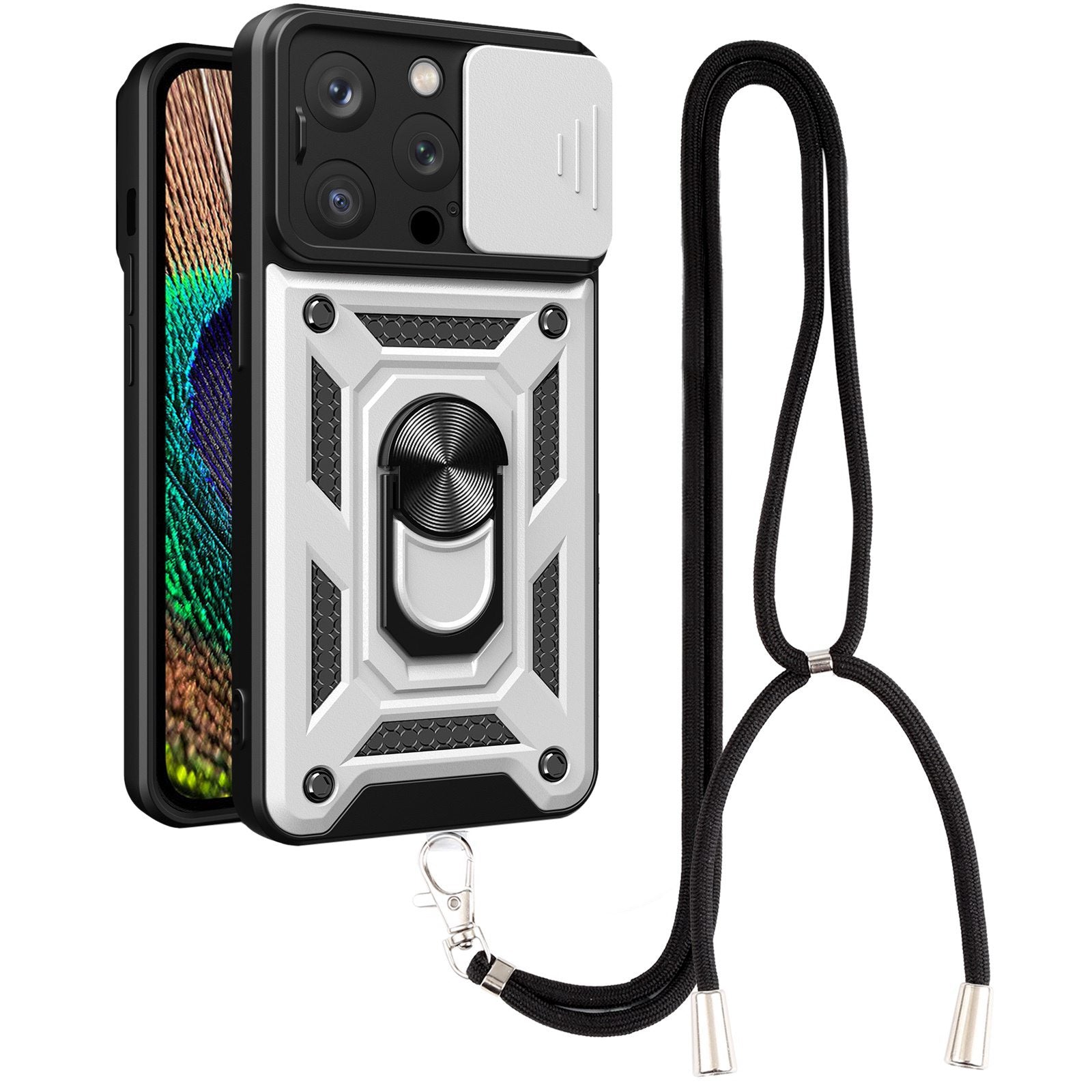 Phone Case Kickstand For iPhone 13 Pro 6.1 inch, Built-in Magnetic Metal Sheet Hybrid Phone Shell Ring Holder with Slide Camera Cover and Lanyard