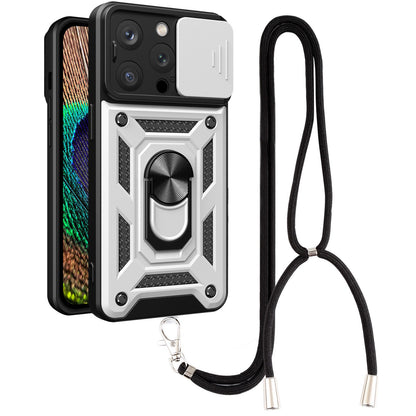 Phone Case Kickstand For iPhone 13 Pro 6.1 inch, Built-in Magnetic Metal Sheet Hybrid Phone Shell Ring Holder with Slide Camera Cover and Lanyard