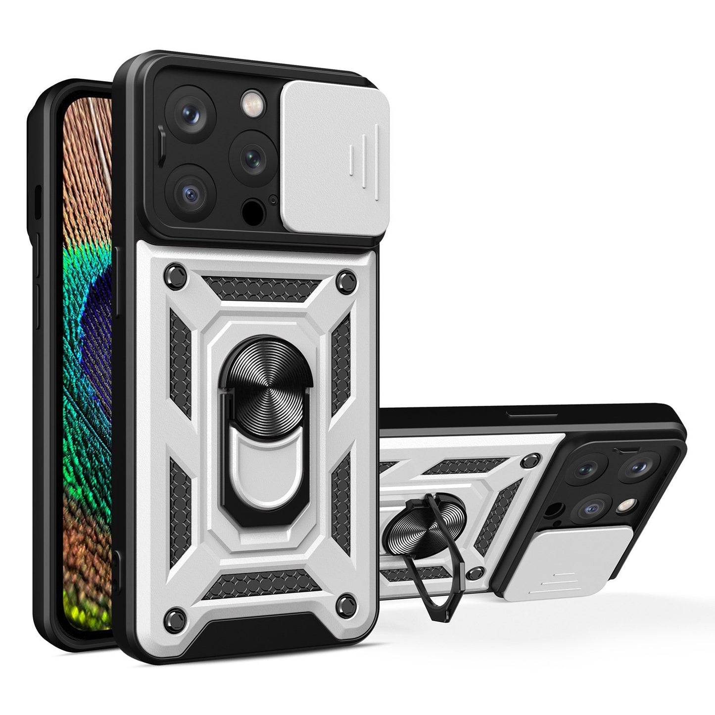 Phone Case Kickstand For iPhone 13 Pro 6.1 inch, Built-in Magnetic Metal Sheet Hybrid Phone Shell Ring Holder with Slide Camera Cover and Lanyard
