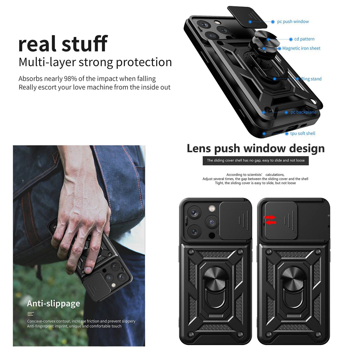 Phone Case Kickstand For iPhone 13 Pro 6.1 inch, Built-in Magnetic Metal Sheet Hybrid Phone Shell Ring Holder with Slide Camera Cover and Lanyard