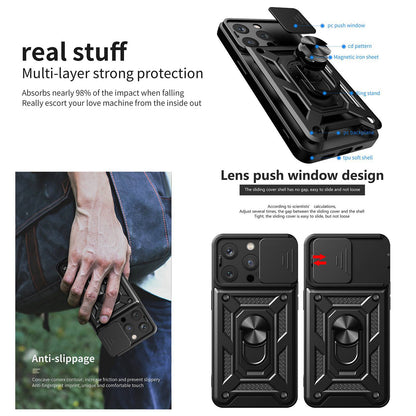 Phone Case Kickstand For iPhone 13 Pro 6.1 inch, Built-in Magnetic Metal Sheet Hybrid Phone Shell Ring Holder with Slide Camera Cover and Lanyard