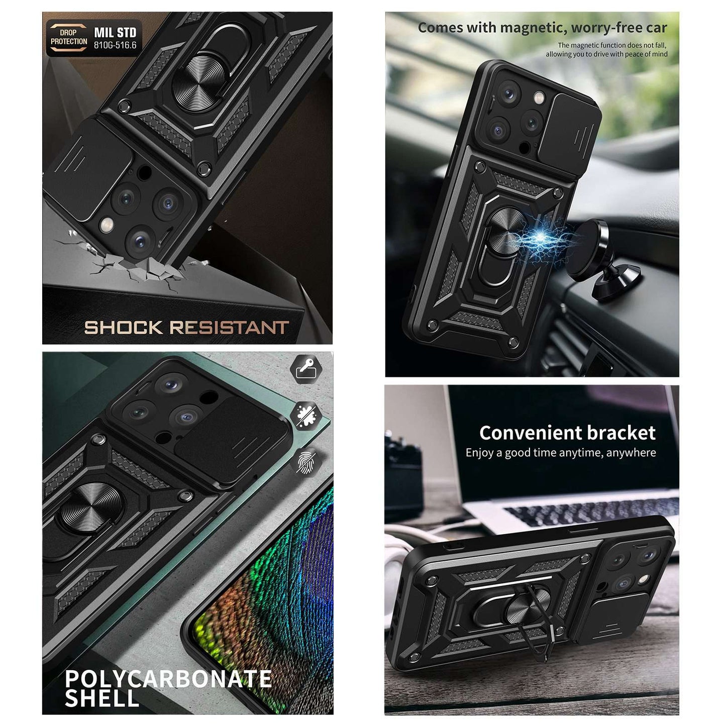 Phone Case Kickstand For iPhone 13 Pro 6.1 inch, Built-in Magnetic Metal Sheet Hybrid Phone Shell Ring Holder with Slide Camera Cover and Lanyard