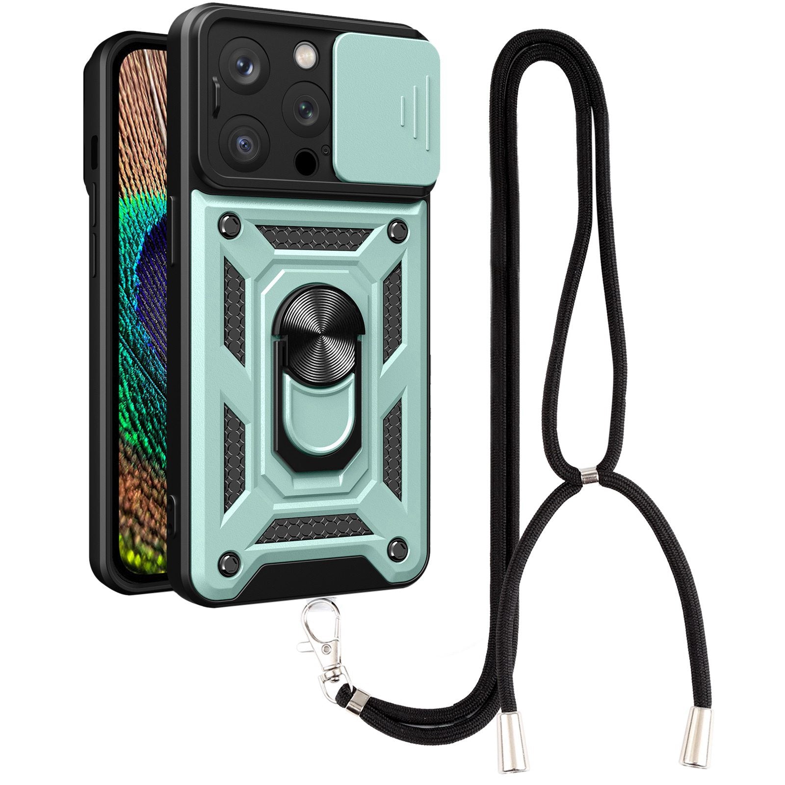 Phone Case Kickstand For iPhone 13 Pro 6.1 inch, Built-in Magnetic Metal Sheet Hybrid Phone Shell Ring Holder with Slide Camera Cover and Lanyard