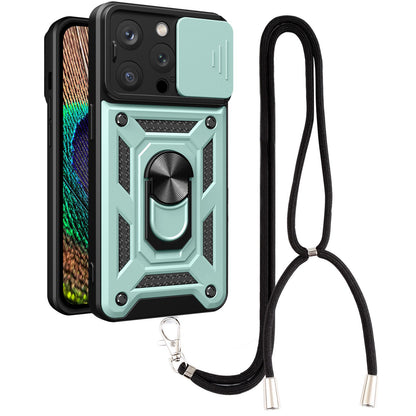 Phone Case Kickstand For iPhone 13 Pro 6.1 inch, Built-in Magnetic Metal Sheet Hybrid Phone Shell Ring Holder with Slide Camera Cover and Lanyard