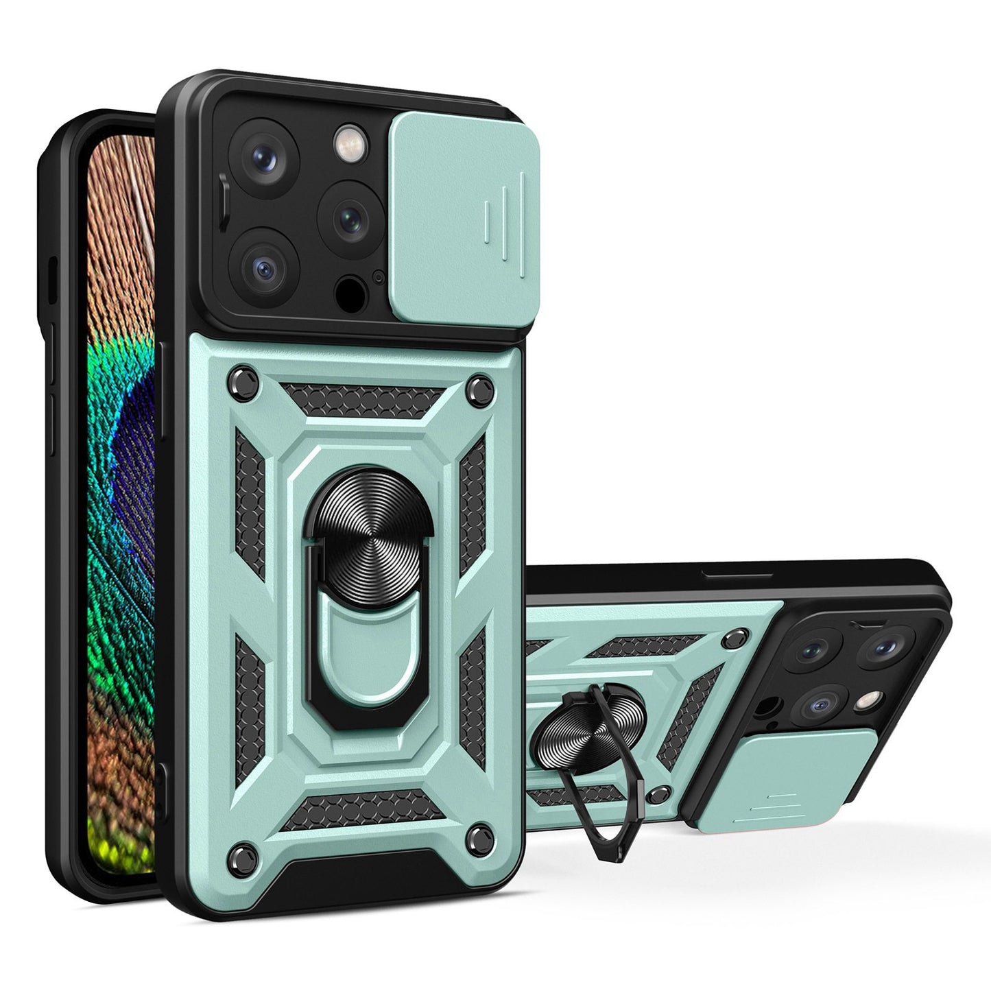 Phone Case Kickstand For iPhone 13 Pro 6.1 inch, Built-in Magnetic Metal Sheet Hybrid Phone Shell Ring Holder with Slide Camera Cover and Lanyard