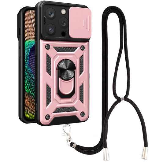 Phone Case Kickstand For iPhone 13 Pro 6.1 inch, Built-in Magnetic Metal Sheet Hybrid Phone Shell Ring Holder with Slide Camera Cover and Lanyard