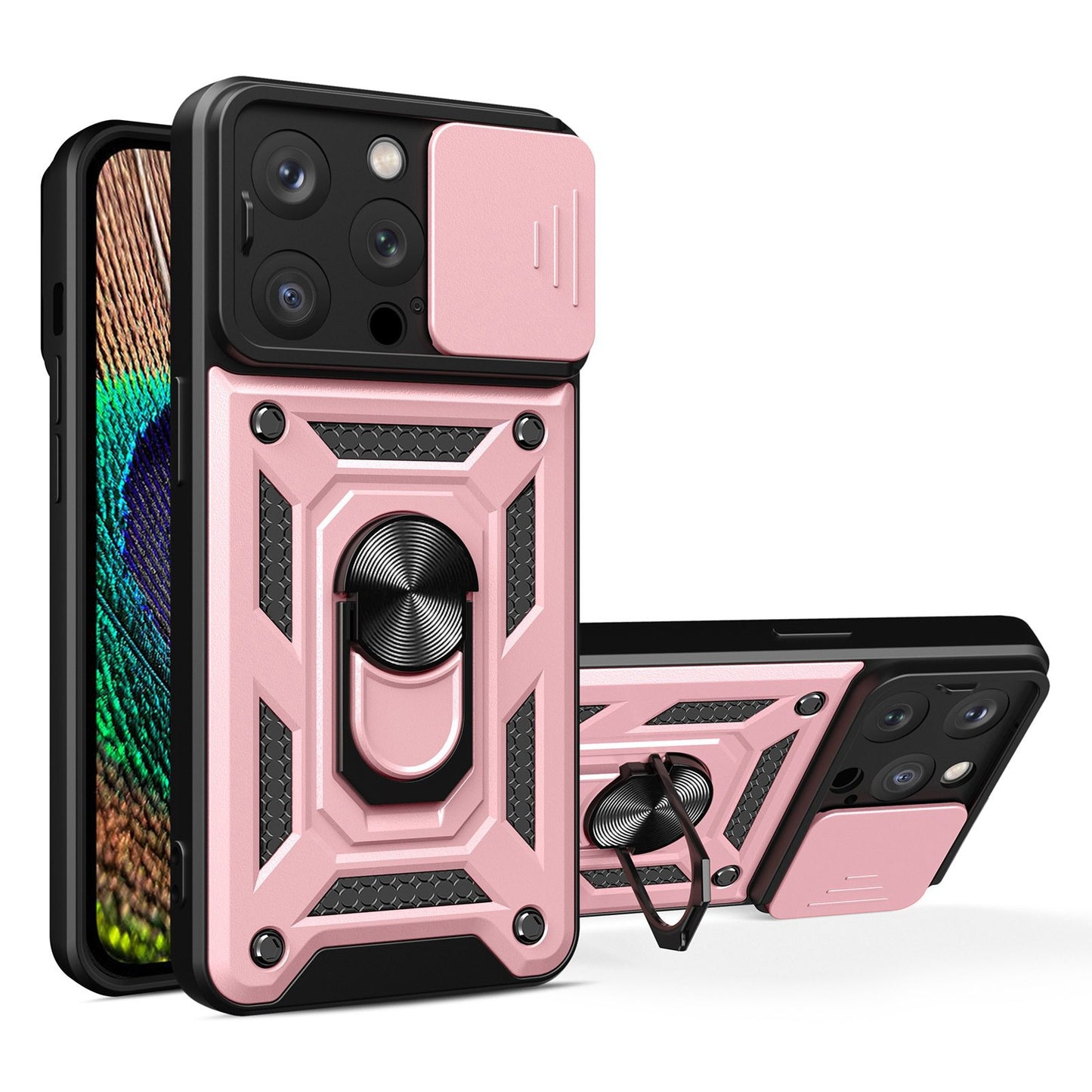 Phone Case Kickstand For iPhone 13 Pro 6.1 inch, Built-in Magnetic Metal Sheet Hybrid Phone Shell Ring Holder with Slide Camera Cover and Lanyard