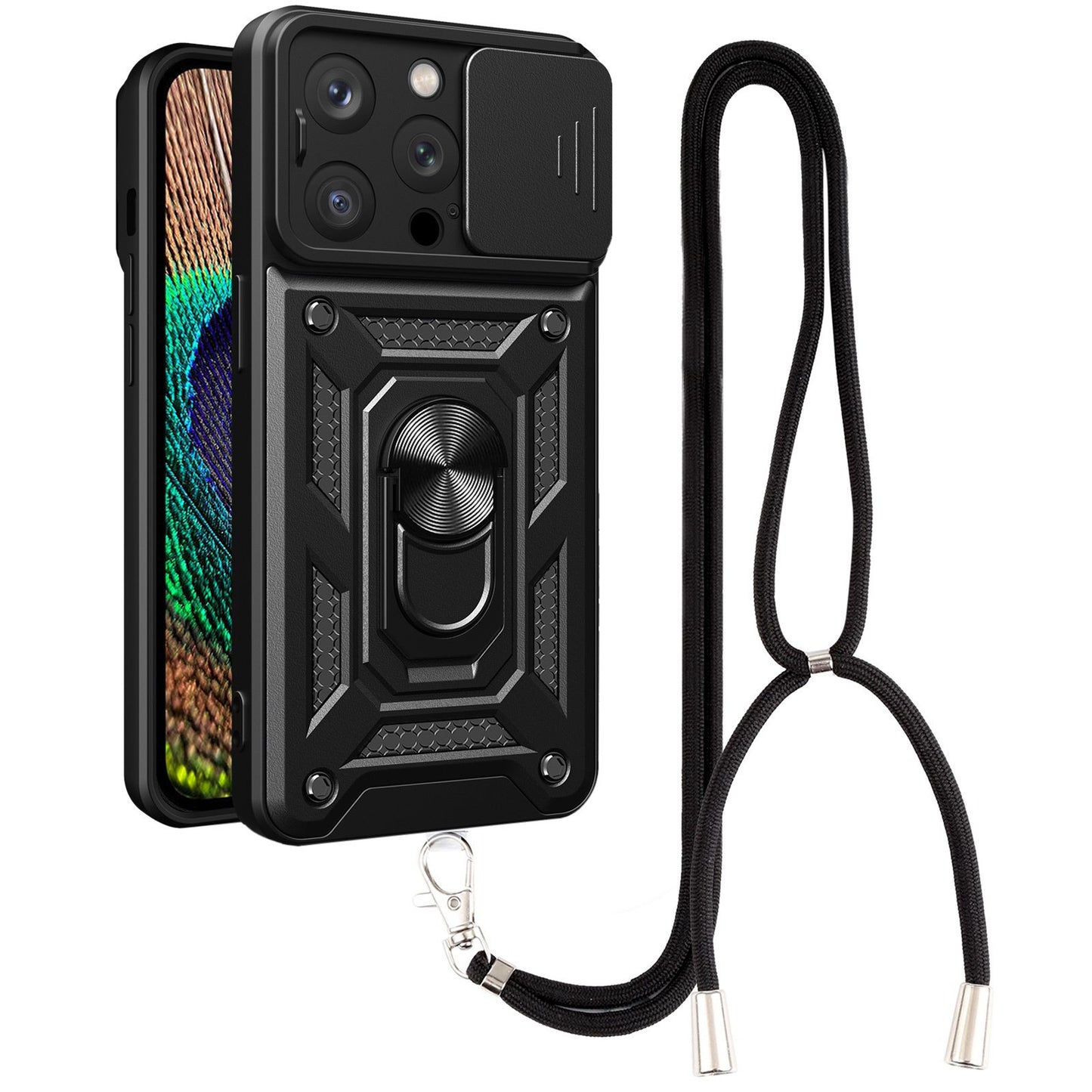Phone Case Kickstand For iPhone 13 Pro 6.1 inch, Built-in Magnetic Metal Sheet Hybrid Phone Shell Ring Holder with Slide Camera Cover and Lanyard