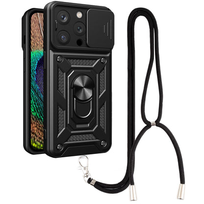 Phone Case Kickstand For iPhone 13 Pro 6.1 inch, Built-in Magnetic Metal Sheet Hybrid Phone Shell Ring Holder with Slide Camera Cover and Lanyard