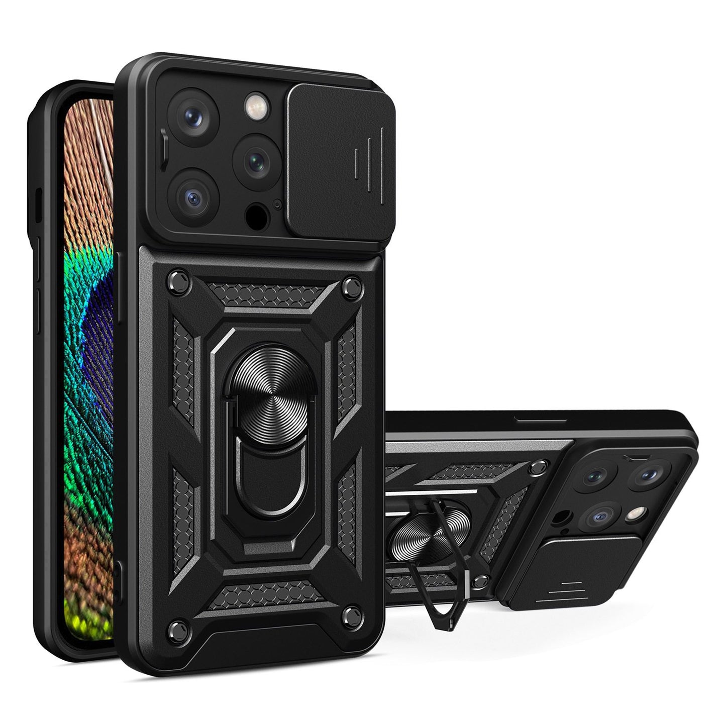 Phone Case Kickstand For iPhone 13 Pro 6.1 inch, Built-in Magnetic Metal Sheet Hybrid Phone Shell Ring Holder with Slide Camera Cover and Lanyard