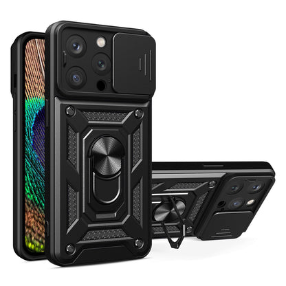 Phone Case Kickstand For iPhone 13 Pro 6.1 inch, Built-in Magnetic Metal Sheet Hybrid Phone Shell Ring Holder with Slide Camera Cover and Lanyard