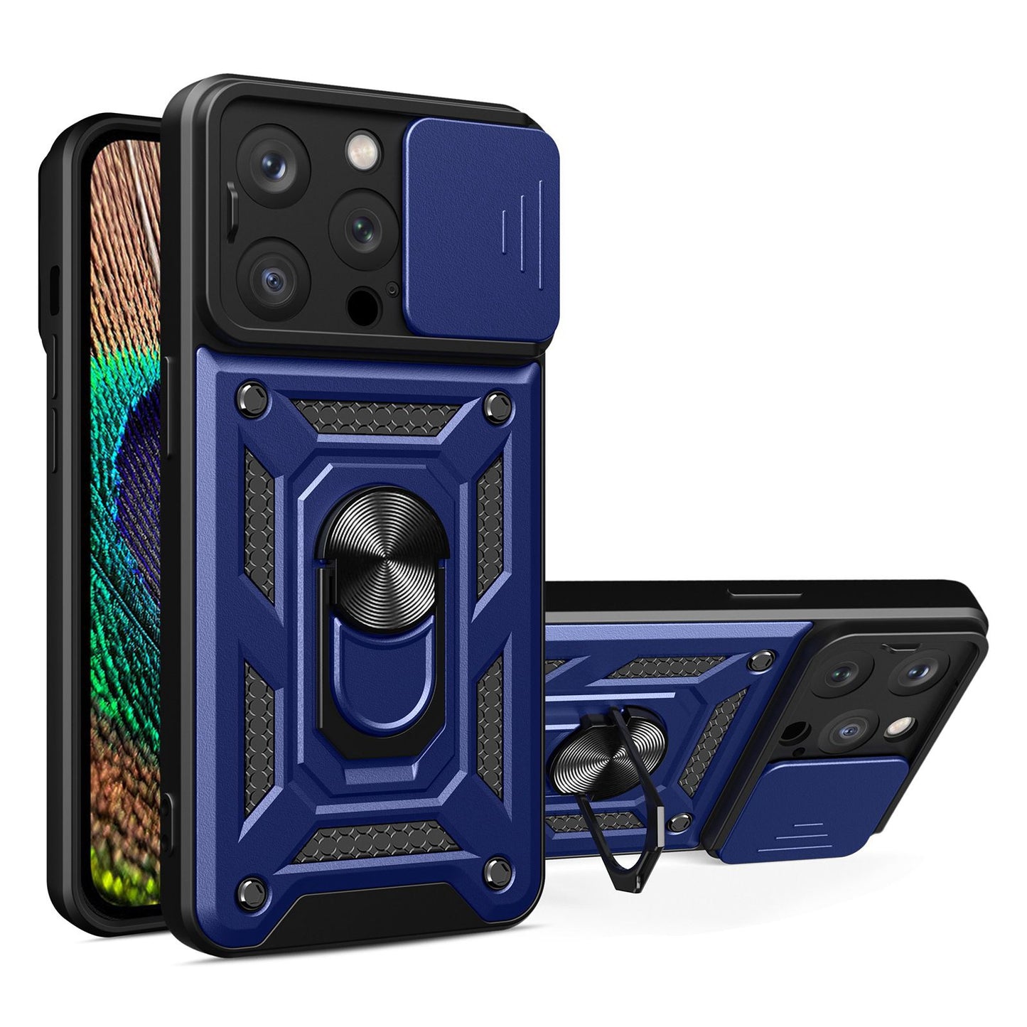 Phone Case Kickstand For iPhone 13 Pro 6.1 inch, Built-in Magnetic Metal Sheet Hybrid Phone Shell Ring Holder with Slide Camera Cover and Lanyard