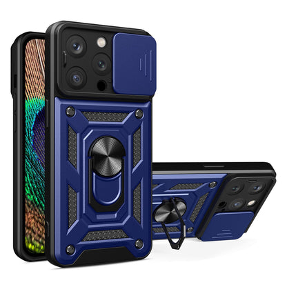 Phone Case Kickstand For iPhone 13 Pro 6.1 inch, Built-in Magnetic Metal Sheet Hybrid Phone Shell Ring Holder with Slide Camera Cover and Lanyard