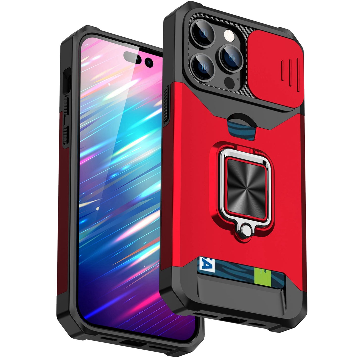 For iPhone 13 Pro 6.1 inch Hard PC + TPU Kickstand Phone Case Slide Camera Cover Card Holder Phone Shell with Strap