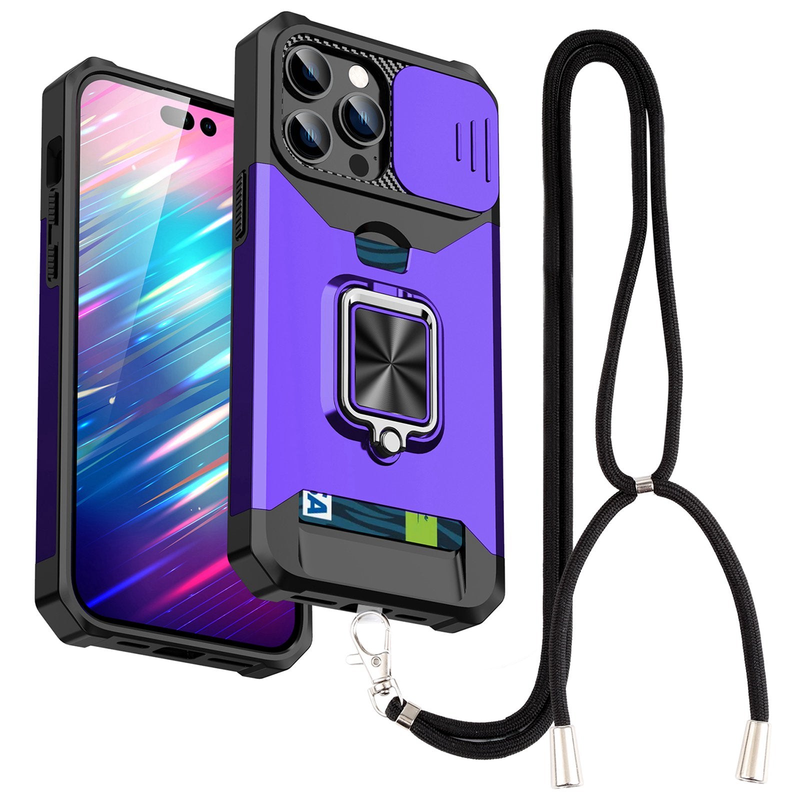For iPhone 13 Pro 6.1 inch Hard PC + TPU Kickstand Phone Case Slide Camera Cover Card Holder Phone Shell with Strap