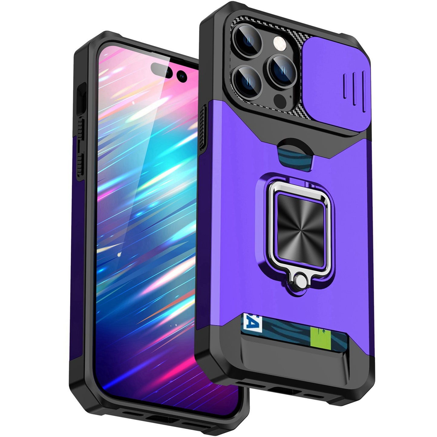 For iPhone 13 Pro 6.1 inch Hard PC + TPU Kickstand Phone Case Slide Camera Cover Card Holder Phone Shell with Strap