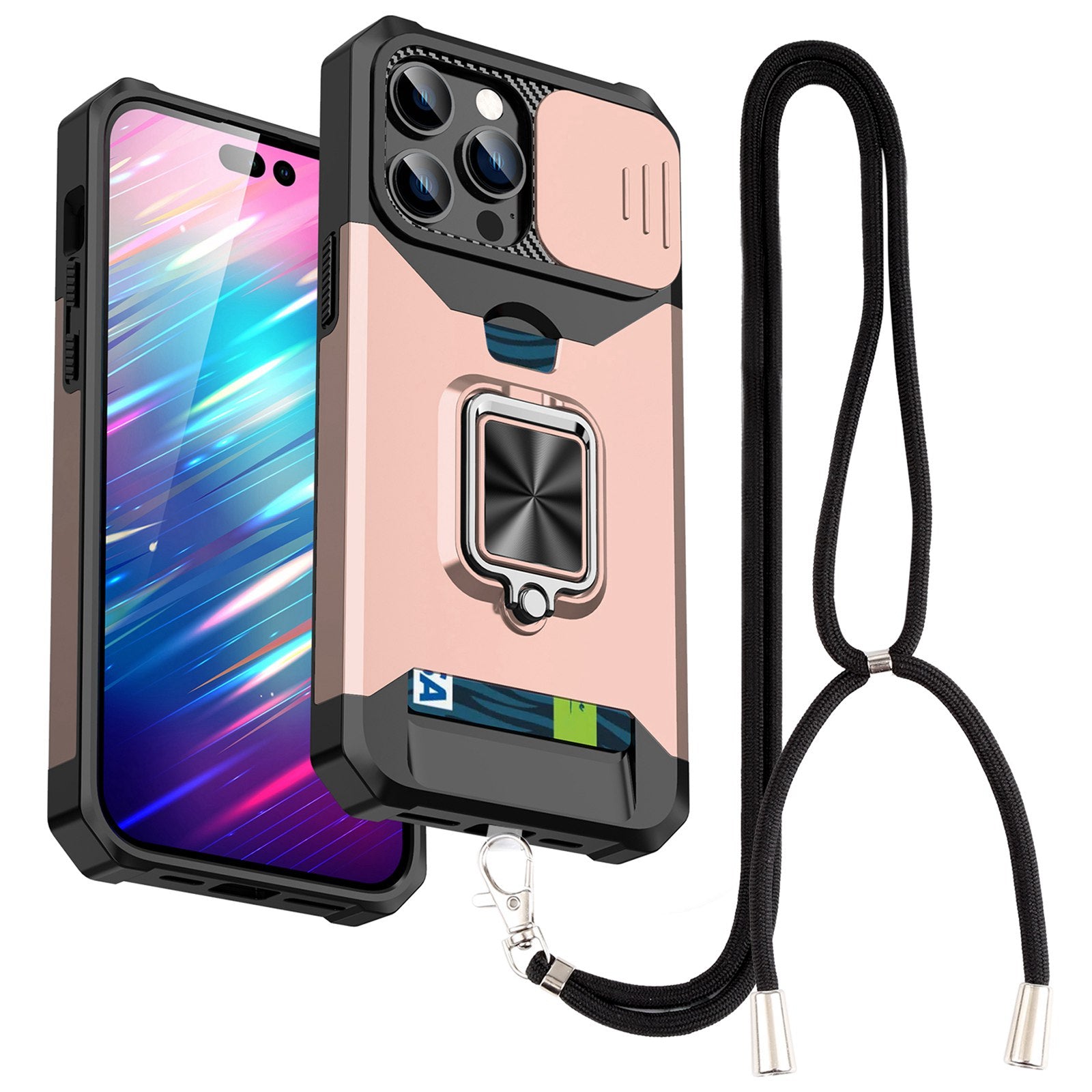 For iPhone 13 Pro 6.1 inch Hard PC + TPU Kickstand Phone Case Slide Camera Cover Card Holder Phone Shell with Strap